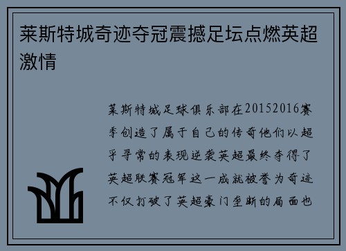 莱斯特城奇迹夺冠震撼足坛点燃英超激情